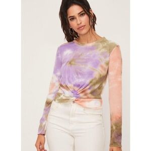 Lush Peach-Olive Tie-Dye Twist Waffle Knit Long-sleeve‎ Top, Size S, NWT